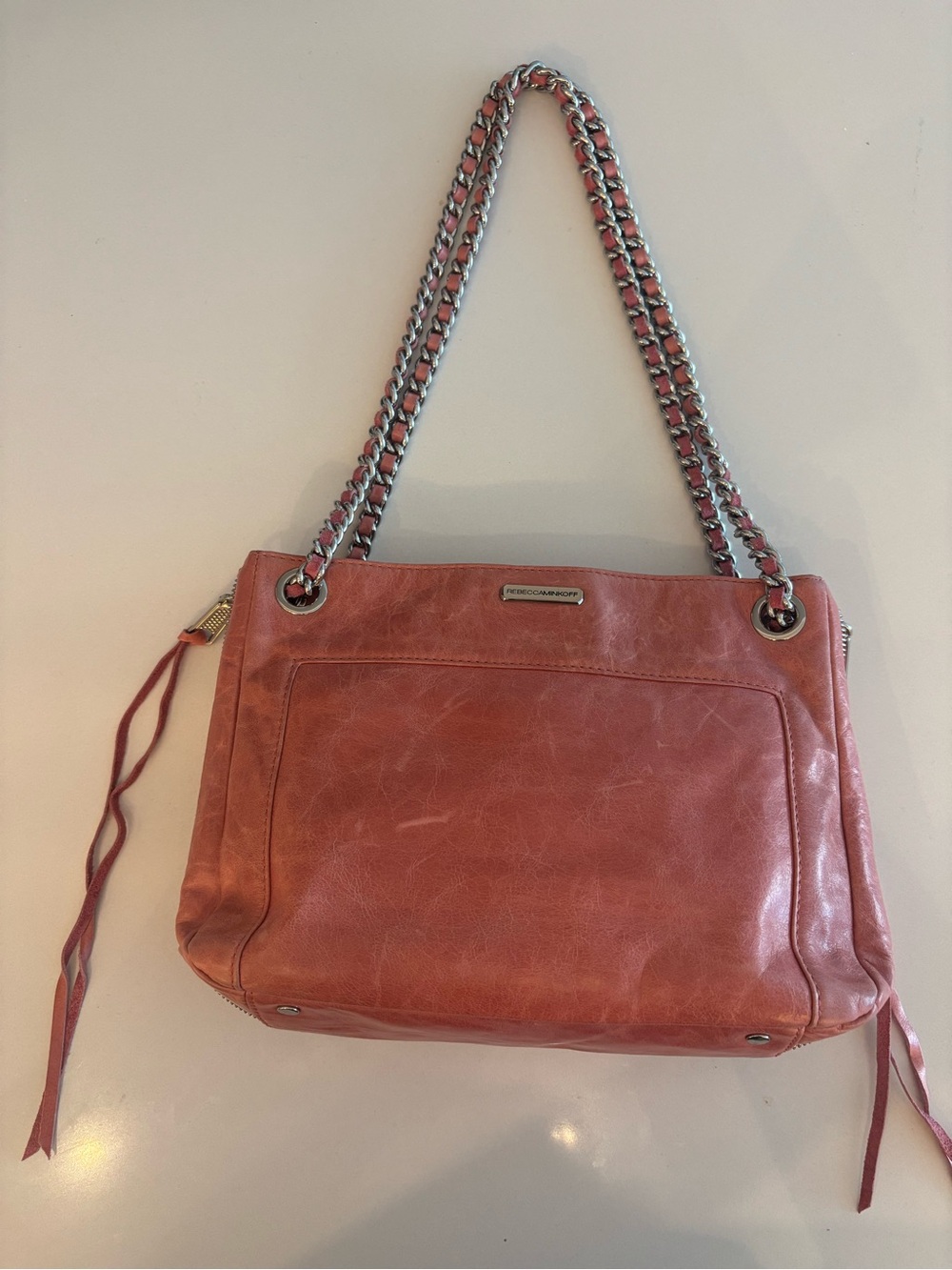 Rebecca Minkoff Pink Coral Leather Shoulder Bag with Silver Chain Straps